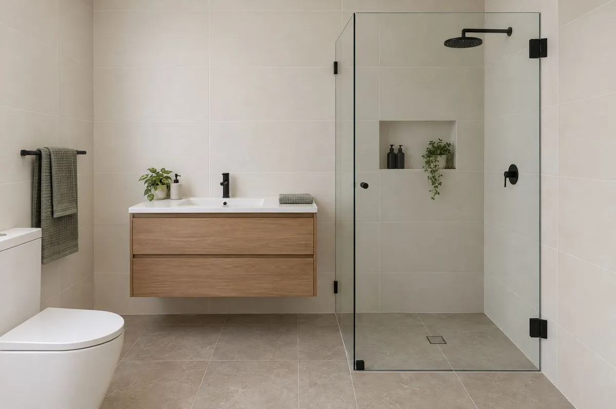 Frameless clear glass shower screen with black hinges