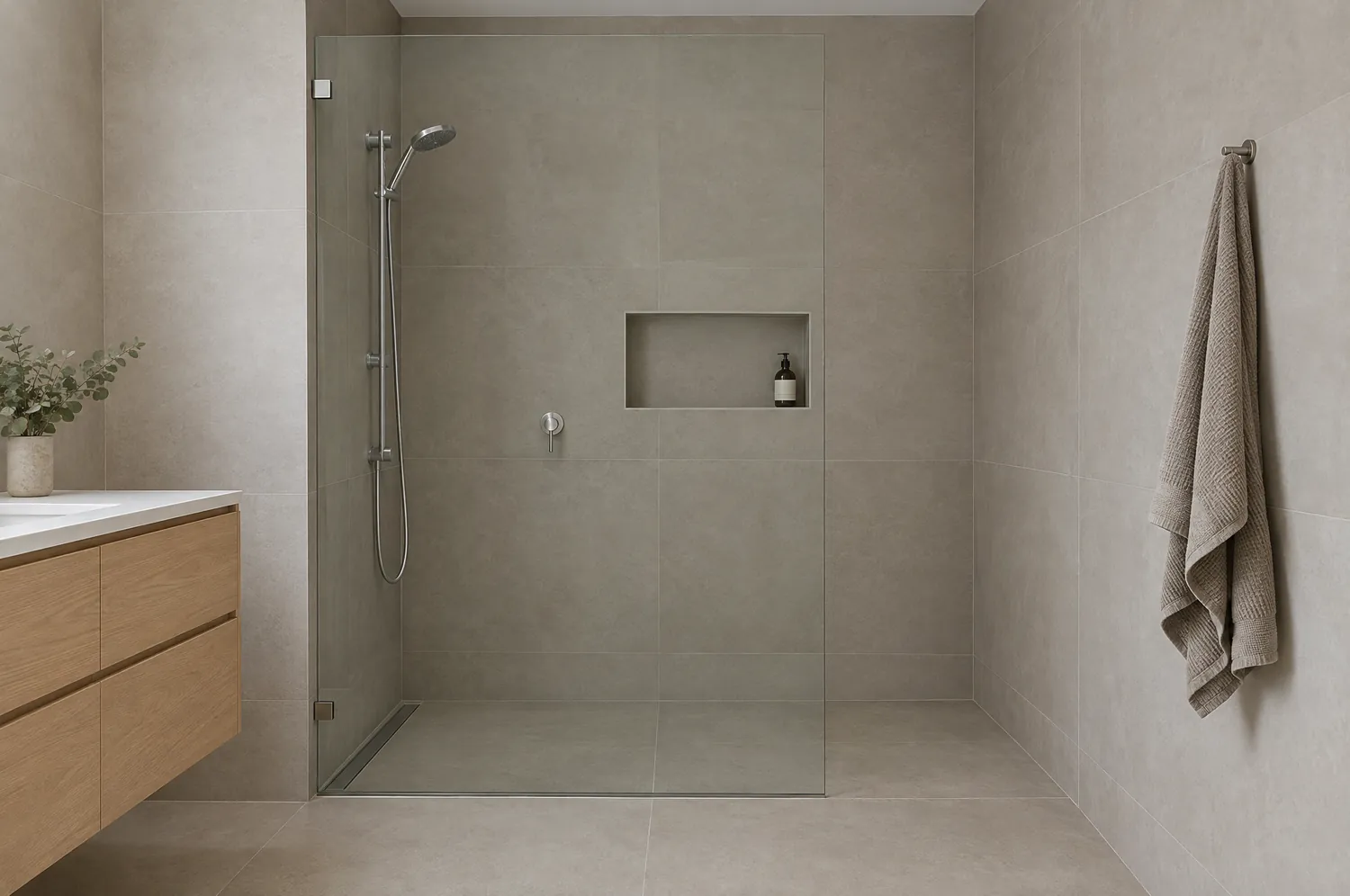 Frameless glass shower screen in a warm grey tiled bathroom