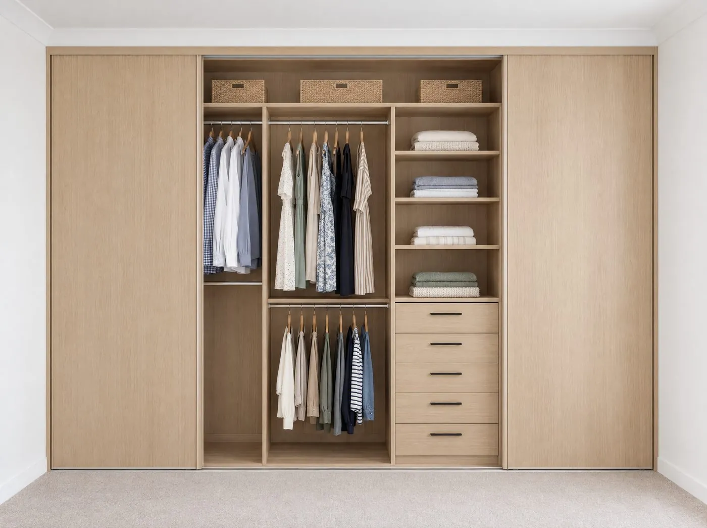 Built-in wardrobe with an oak-tone interior, hanging space, shelves and drawers, sliding doors open